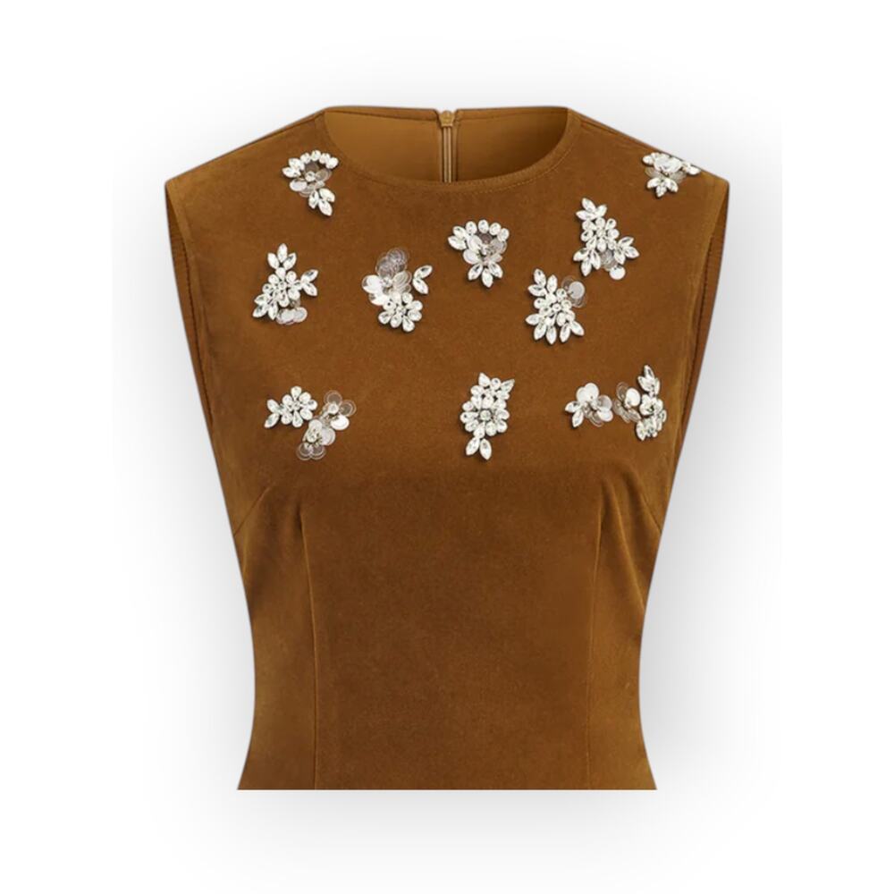Commense Soft Brown Velvet Floral Jewel Mini Dress L NWT - European Elegance - Picture 4 of 10